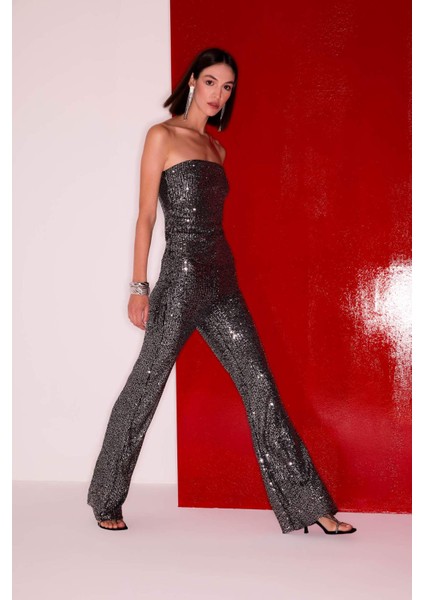 Siyah Şık Payetli Pantolon Flare Fit Yüksek Bel Standart Boy E1773AX24CW