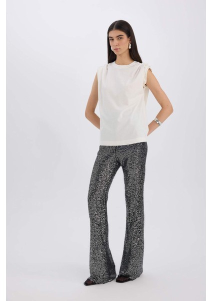 Siyah Şık Payetli Pantolon Flare Fit Yüksek Bel Standart Boy E1773AX24CW