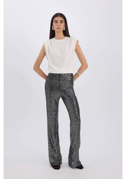 Siyah Şık Payetli Pantolon Flare Fit Yüksek Bel Standart Boy E1773AX24CW