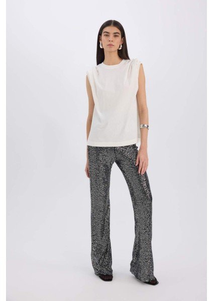 Siyah Şık Payetli Pantolon Flare Fit Yüksek Bel Standart Boy E1773AX24CW