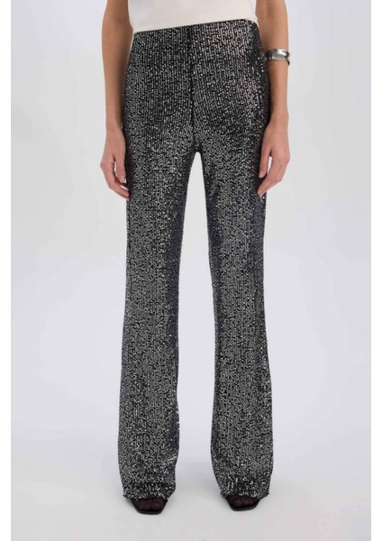Siyah Şık Payetli Pantolon Flare Fit Yüksek Bel Standart Boy E1773AX24CW