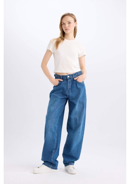 Baggy Fit Yüksek Bel Uzun Jean Yıkamalı Pantolon E2156AX24WN
