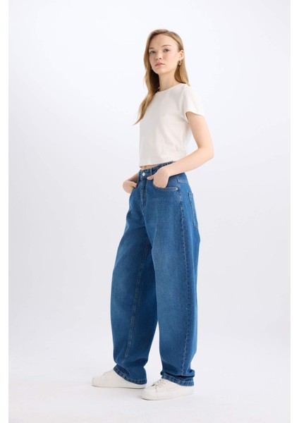 Baggy Fit Yüksek Bel Uzun Jean Yıkamalı Pantolon E2156AX24WN