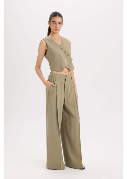 Wide Leg Piliseli Klasik Kumaş Pantolon Yüksek Bel Geniş Paça Basic Düz Tensel Çift Cepli D4564AX24AU