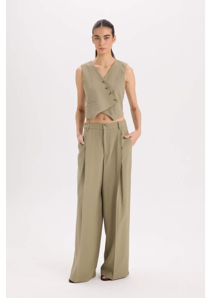 Wide Leg Piliseli Klasik Kumaş Pantolon Yüksek Bel Geniş Paça Basic Düz Tensel Çift Cepli D4564AX24AU