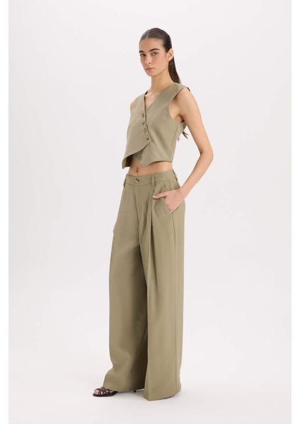 Wide Leg Piliseli Klasik Kumaş Pantolon Yüksek Bel Geniş Paça Basic Düz Tensel Çift Cepli D4564AX24AU