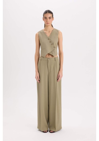 Wide Leg Piliseli Klasik Kumaş Pantolon Yüksek Bel Geniş Paça Basic Düz Tensel Çift Cepli D4564AX24AU