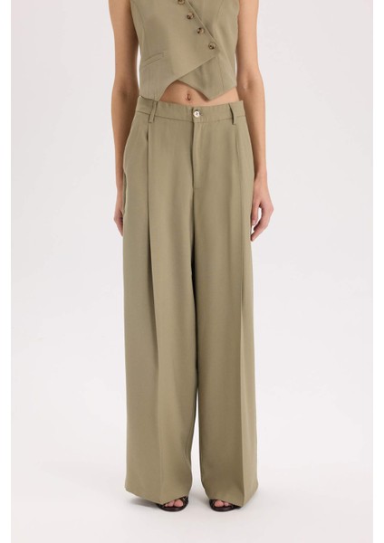 Wide Leg Piliseli Klasik Kumaş Pantolon Yüksek Bel Geniş Paça Basic Düz Tensel Çift Cepli D4564AX24AU