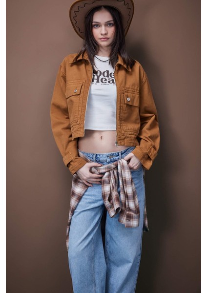 Coool Crop Dik Yaka Fermuarlı Cepli Gabardin Ceket E4029AX25SP