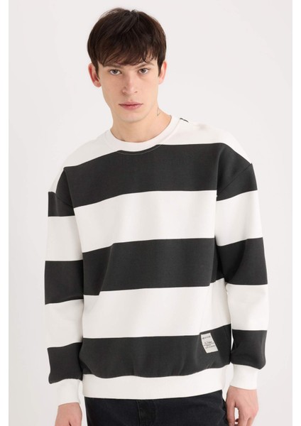 Boxy Fit Bisiklet Yaka Çizgili Dokuma Etiketli Sweatshirt A9066AX24AU