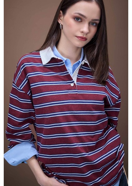 Coool Loose Fit Çizgili Polo Yaka Uzun Kollu Tişört E4917AX25SP