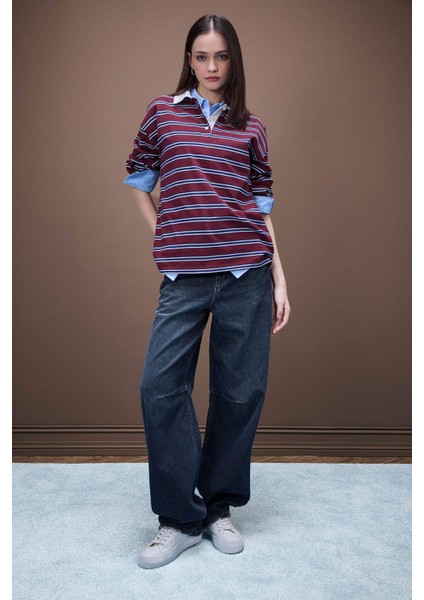 Coool Loose Fit Çizgili Polo Yaka Uzun Kollu Tişört E4917AX25SP fiyatları