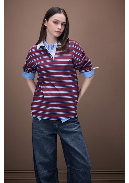 Coool Loose Fit Çizgili Polo Yaka Uzun Kollu Tişört E4917AX25SP modelleri