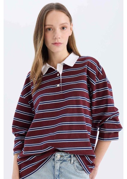 Coool Loose Fit Çizgili Polo Yaka Uzun Kollu Tişört E4917AX25SP fırsatları