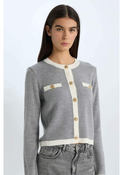 Regular Fit Bisiklet Yaka Düğmeli Basic Düz Triko Hırka C1482AX24WN