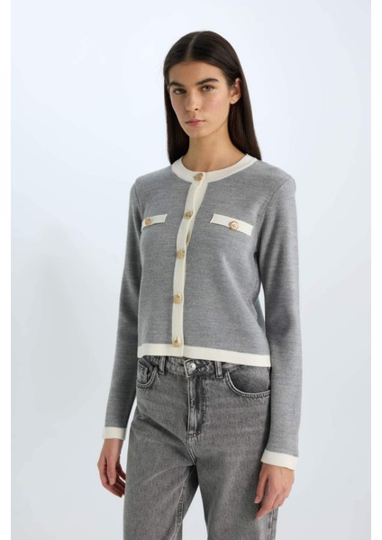 Regular Fit Bisiklet Yaka Düğmeli Basic Düz Triko Hırka C1482AX24WN