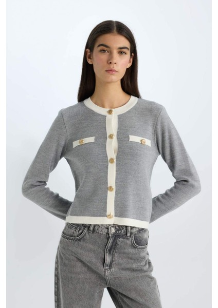 Regular Fit Bisiklet Yaka Düğmeli Basic Düz Triko Hırka C1482AX24WN