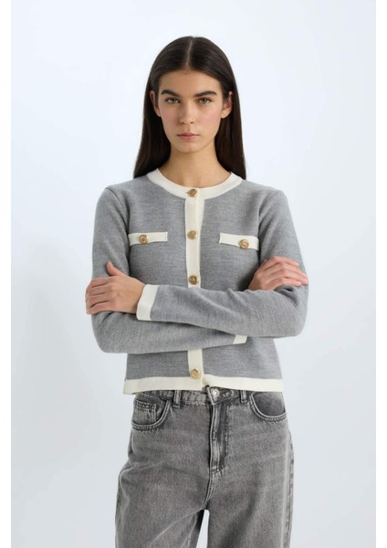 Regular Fit Bisiklet Yaka Düğmeli Basic Düz Triko Hırka C1482AX24WN