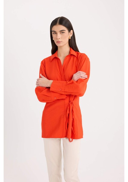 Oversize Geniş Kalıp Bağlamalı Uzun Kollu Kırmızı Gömlek E0568AX24WN
