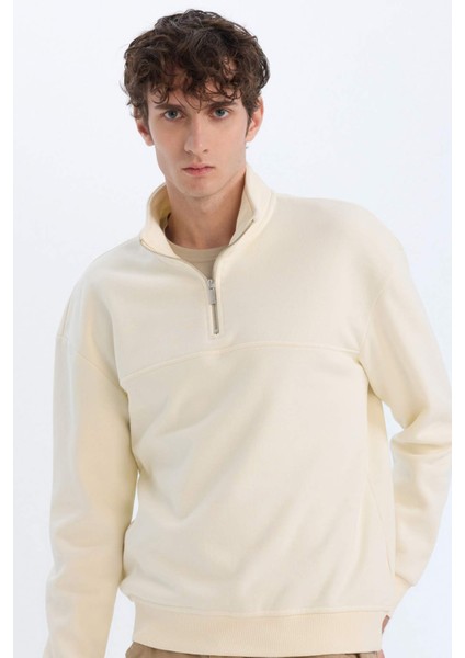 Relax Fit Dik Yaka Fermuarlı Basic Düz Kalın Sweatshirt E5334AX24WN