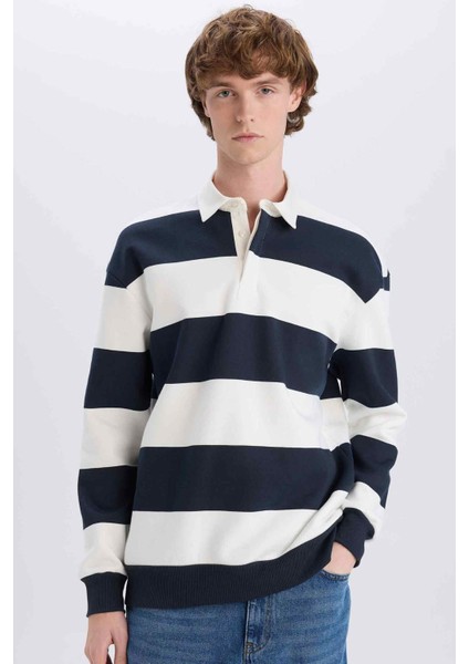 Boxy Fit Polo Yaka Çizgili Sweatshirt D1784AX24WN