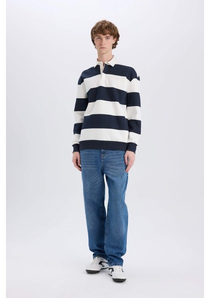 Boxy Fit Polo Yaka Çizgili Sweatshirt D1784AX24WN fiyatları