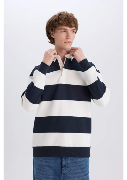 Boxy Fit Polo Yaka Çizgili Sweatshirt D1784AX24WN modelleri