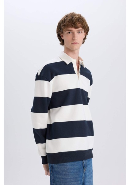 Boxy Fit Polo Yaka Çizgili Sweatshirt D1784AX24WN fırsatları