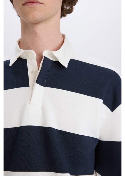 Boxy Fit Polo Yaka Çizgili Sweatshirt D1784AX24WN indirimleri