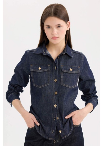 Regular Fit Cepli Düğmeli Jean Gömlek E4064AX24WN