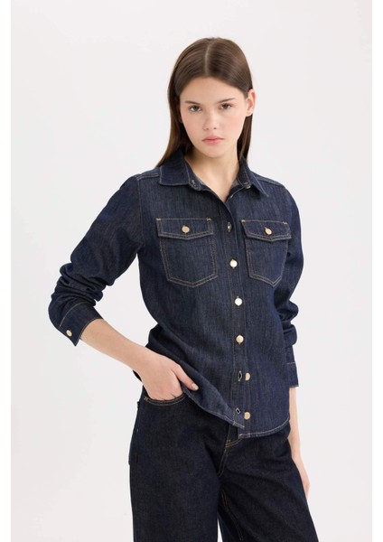 Regular Fit Cepli Düğmeli Jean Gömlek E4064AX24WN modelleri