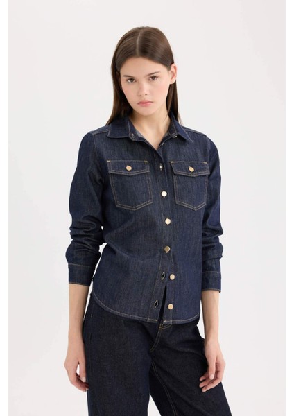Regular Fit Cepli Düğmeli Jean Gömlek E4064AX24WN fırsatları
