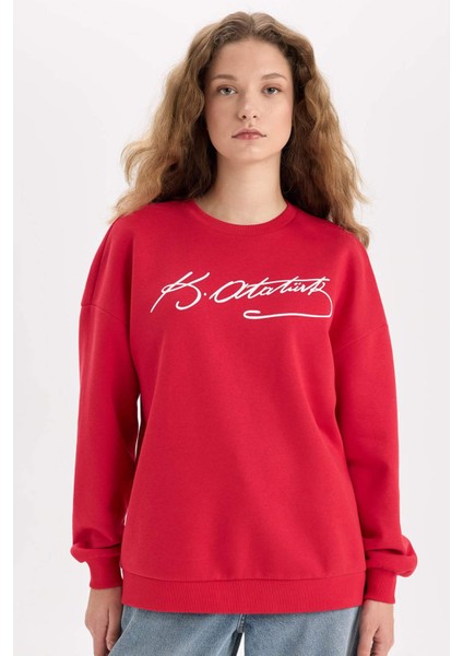 Oversize Geniş Kalıp Atatürk İmzalı Bisiklet Yaka Kalın Sweatshirt E5446AX24WN
