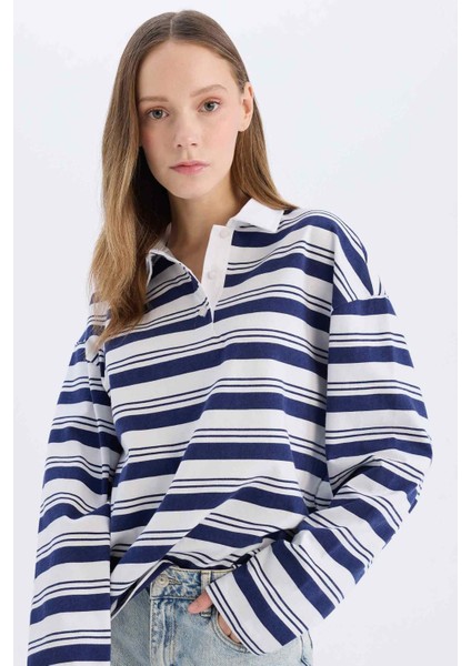 Coool Loose Fit Polo Yaka Çizgili Uzun Kollu Tişört E4920AX25SM