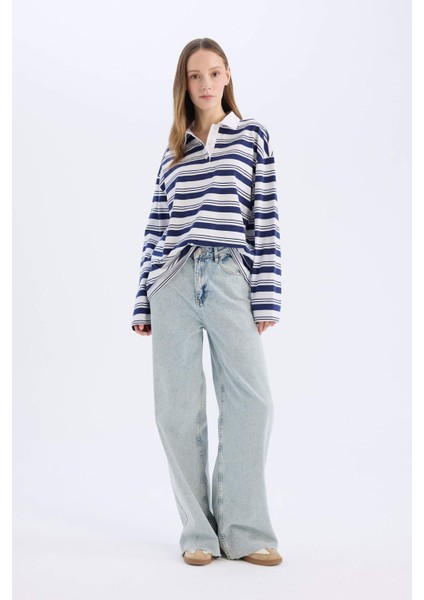 Coool Loose Fit Polo Yaka Çizgili Uzun Kollu Tişört E4920AX25SM fiyatları