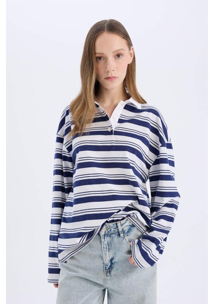 Coool Loose Fit Polo Yaka Çizgili Uzun Kollu Tişört E4920AX25SM modelleri