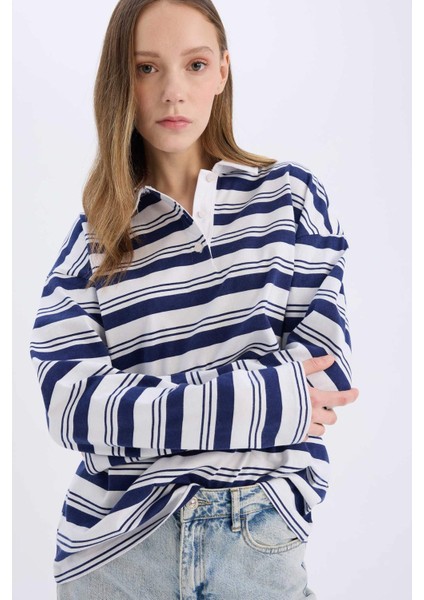 Coool Loose Fit Polo Yaka Çizgili Uzun Kollu Tişört E4920AX25SM fırsatları
