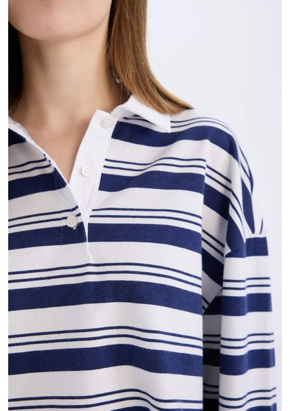 Coool Loose Fit Polo Yaka Çizgili Uzun Kollu Tişört E4920AX25SM indirimleri