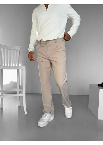 Erkek Baggy Fit Beli Lastikli Rahat Pantolon Bej
