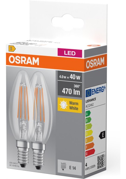 LED Base Fıl 4W/2700K E14 470LM 2 Li Pk