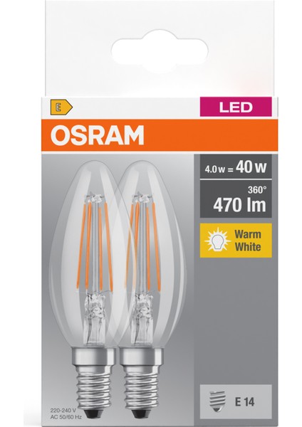 LED Base Fıl 4W/2700K E14 470LM 2 Li Pk
