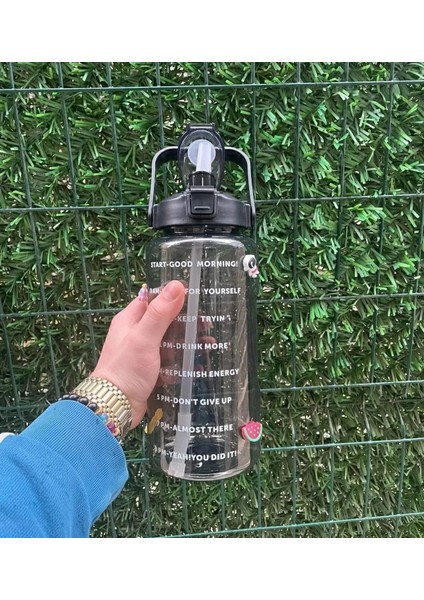 Siyah Şeffaf Motivasyon Matara 2000 ml Suluk Su Şişesi - Bpa Içermez