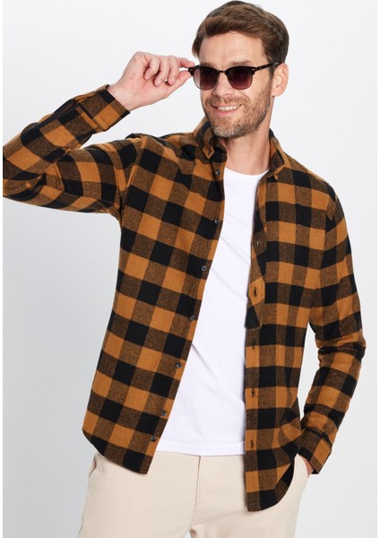 Erkek Slim Fit Dar Kesim Oduncu Düğmeli Yaka Kareli Kışlık Gömlek