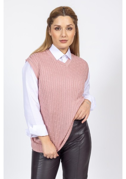 Vs Bayan V Yaka Saç Örgü Suveter Trk Gül Kurusu