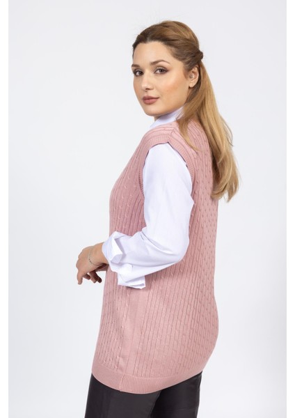 Vs Bayan V Yaka Saç Örgü Suveter Trk Gül Kurusu fırsatları