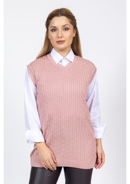 Vs Bayan V Yaka Saç Örgü Suveter Trk Gül Kurusu indirimleri
