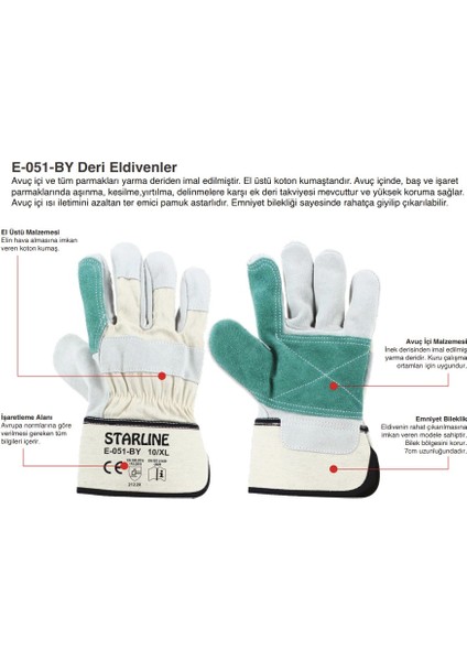 5 Çift Takviyeli Deri Eldiven E-051-BY 10 Xl Beden modelleri