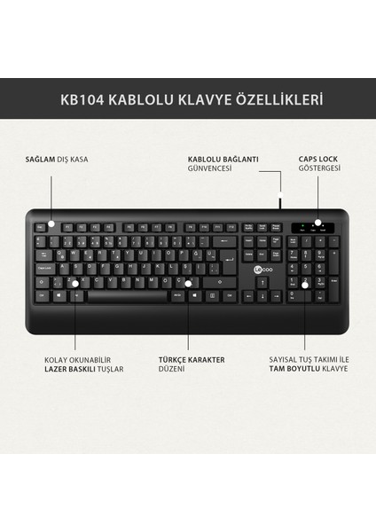 KB104 USB Kablolu Türkçe Q Klavye Siyah