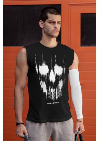Matriks Kurukafa Siyah Erkek Kesik Kol / Kolsuz T-Shirt