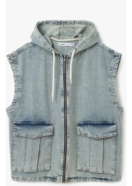 Kapüşonlu Fermuarlı Kapaklı Cepli Oversize Pamuklu Kolsuz Denim Yelek
